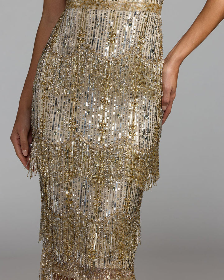 Mac Duggal 24020 Beaded Fringe Midi Dress