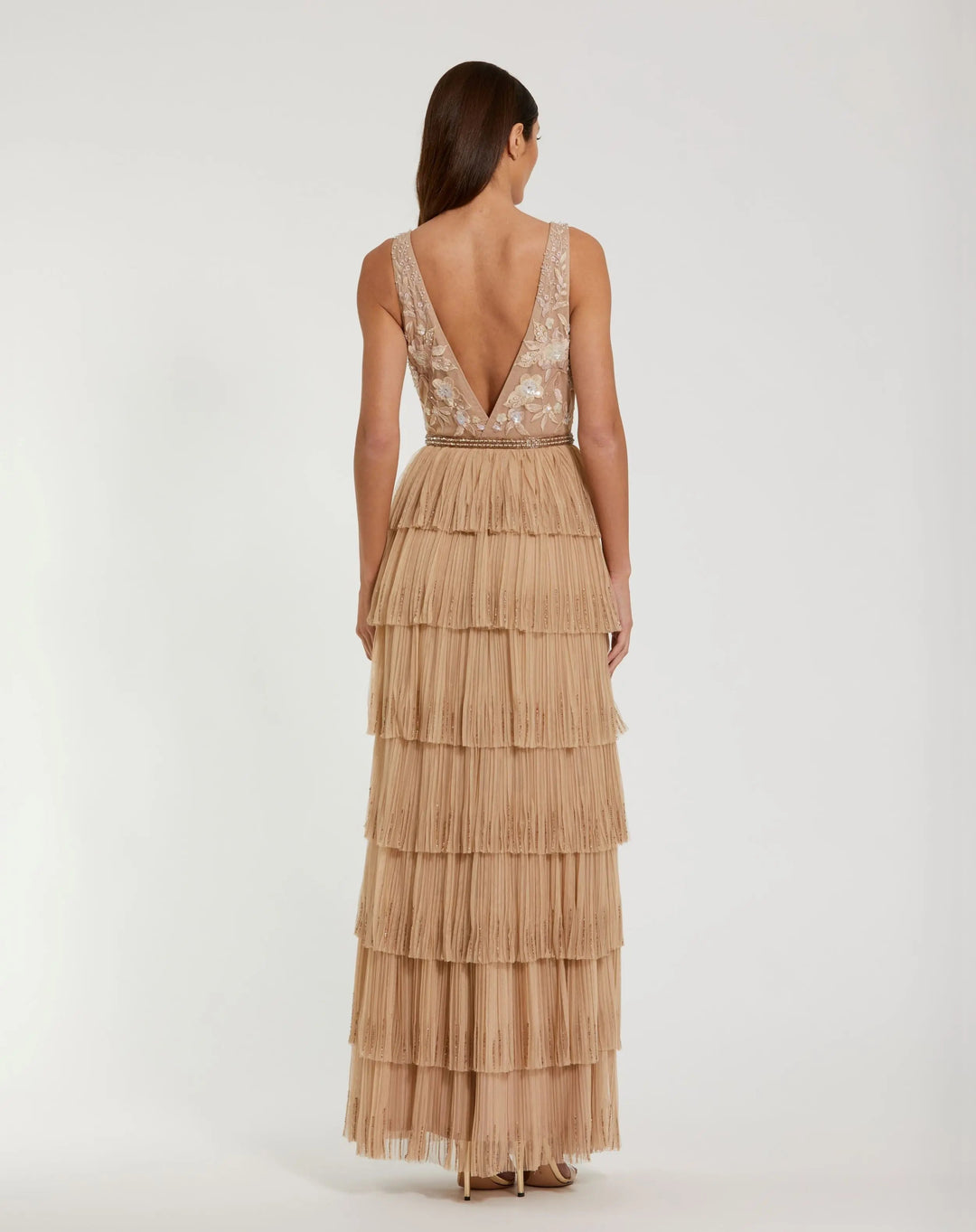 Mac Duggal 24061 Beaded Mesh V Neck Gown With Tiered Ruffles