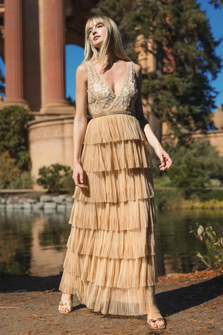 Mac Duggal 24061 Beaded Mesh V Neck Gown With Tiered Ruffles