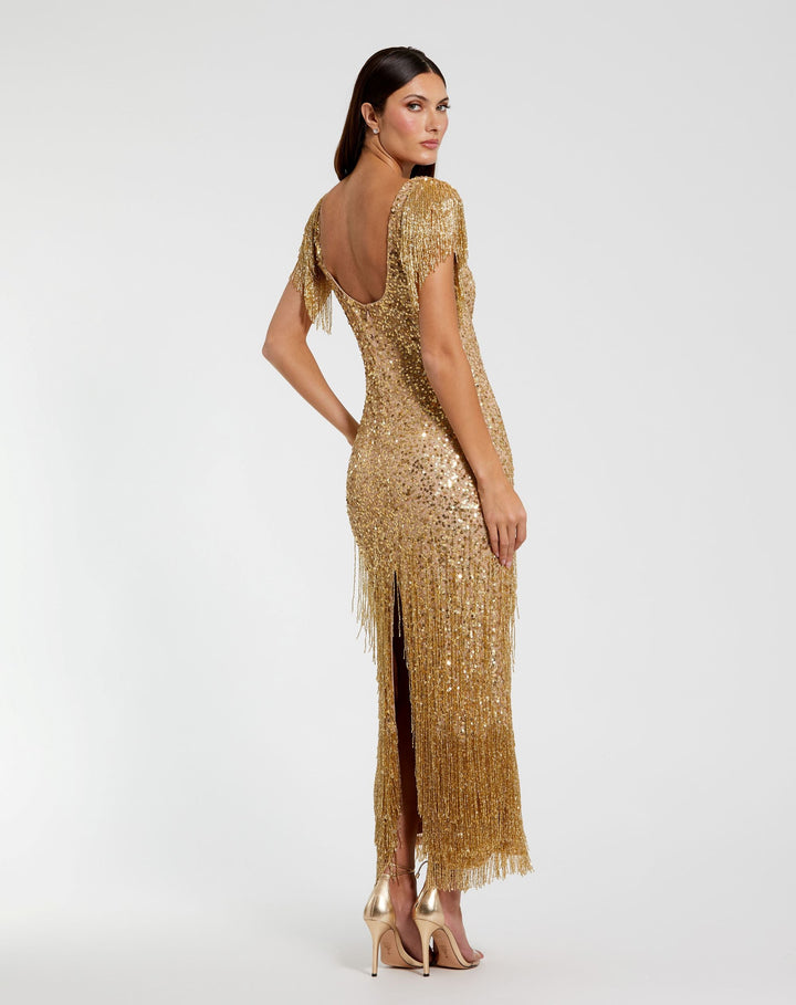 Mac Duggal 24068 Beaded Fringe Scoop Neck Midi Dress