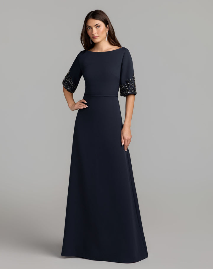Mac Duggal 2438 A-Line Crepe Gown With Beaded Sleeves
