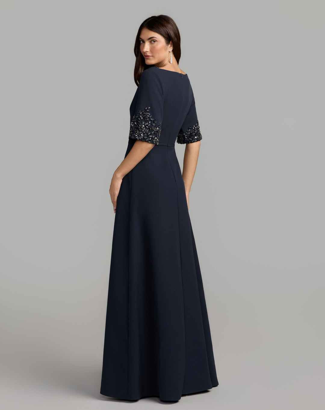 Mac Duggal 2438 A-Line Crepe Gown With Beaded Sleeves