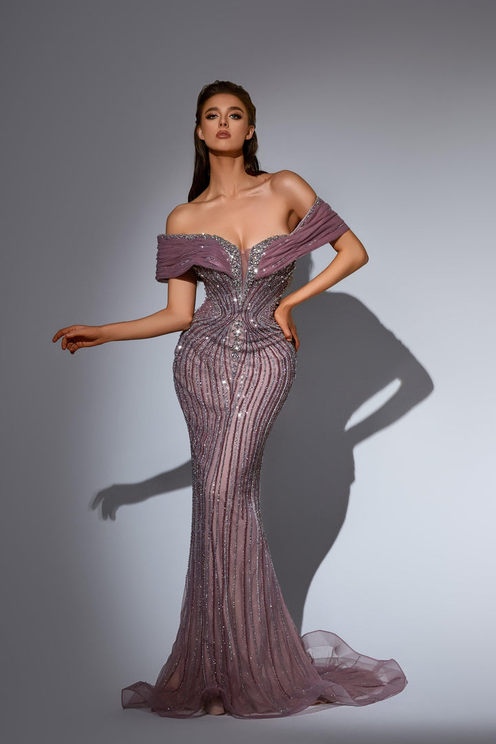 Delilah LD11477 Off-the-Shoulder Plunging Pleated Band Beaded Corset Mermaid Gown - Purple front view