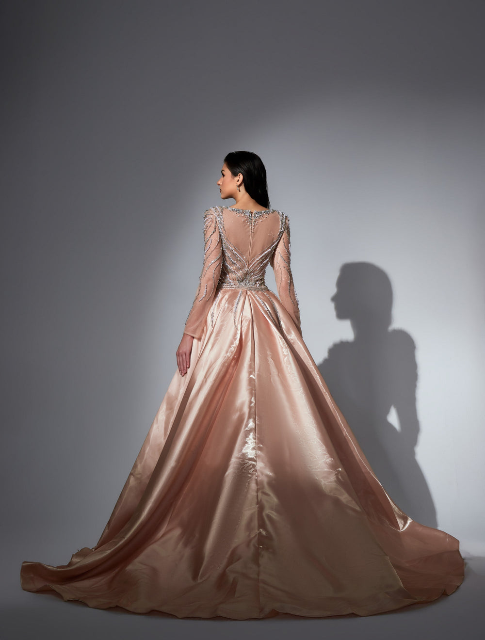 Delilah LD11475 Plunging Illusion Long Sleeve Beaded Corset Sheath Gown with Overskirt - Champagne back view