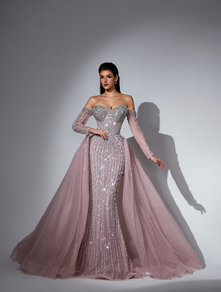 Delilah LD11539 Off-the-Shoulder Long Sleeve Beaded Corset Sheath Gown with Sparkle Overskirt - Pink front view