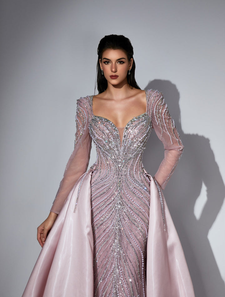 Delilah LD11475 Plunging Illusion Long Sleeve Beaded Corset Sheath Gown with Overskirt - Pink close-up view