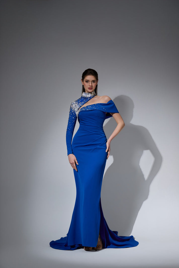 Delilah LD41039 Asymmetric One-Sleeve Sheath Gown with Crystal Collar and Ruched Waist - Blue front view