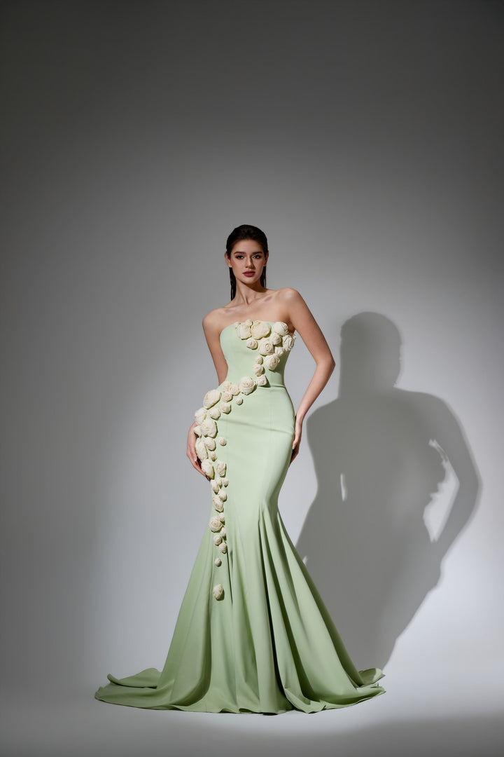 Delilah LD41004 Strapless Mermaid Gown with Cascading 3D Flowers - Mint front view