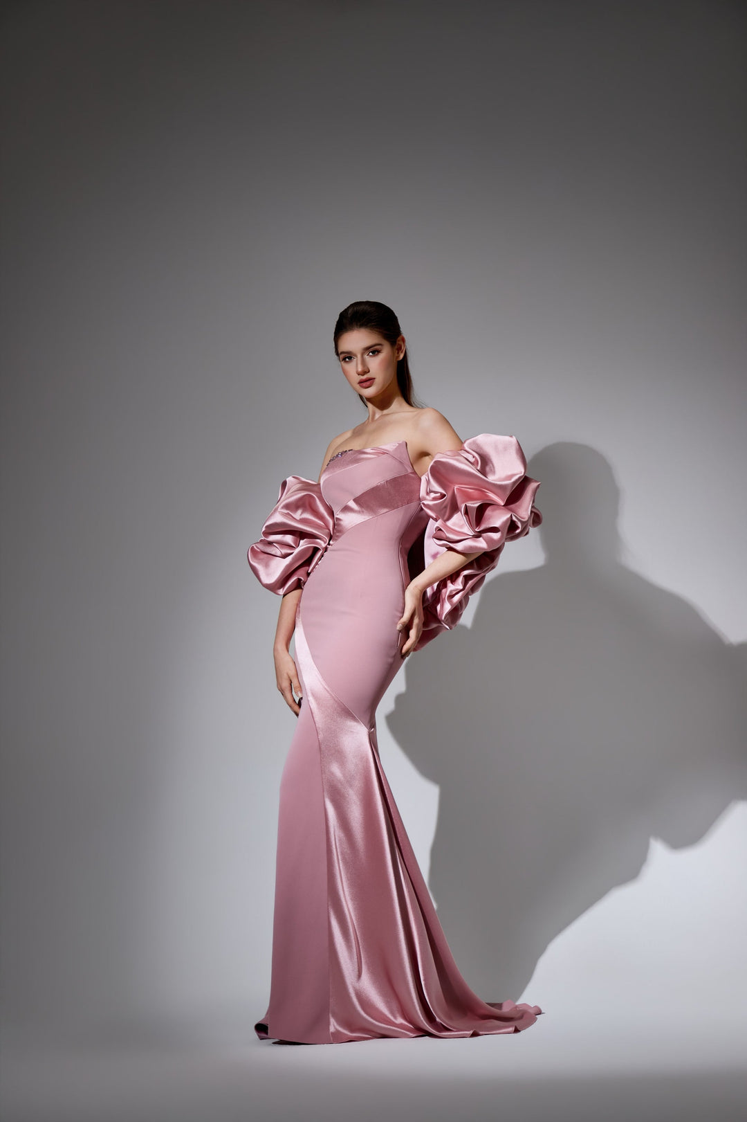 Delilah LD41033 Strapless Asymmetric Draped Mermaid Gown with Beaded Neckline - Pink front view