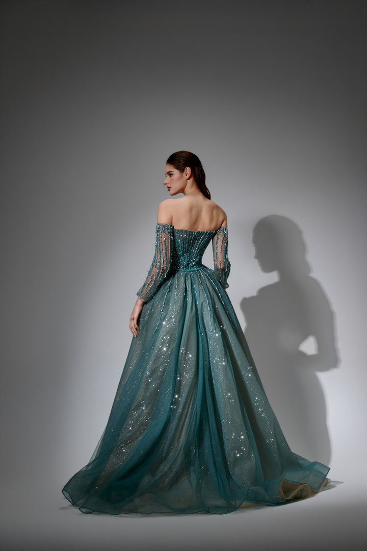Delilah LD11539 Off-the-Shoulder Long Sleeve Beaded Corset Sheath Gown with Sparkle Overskirt - Green back view