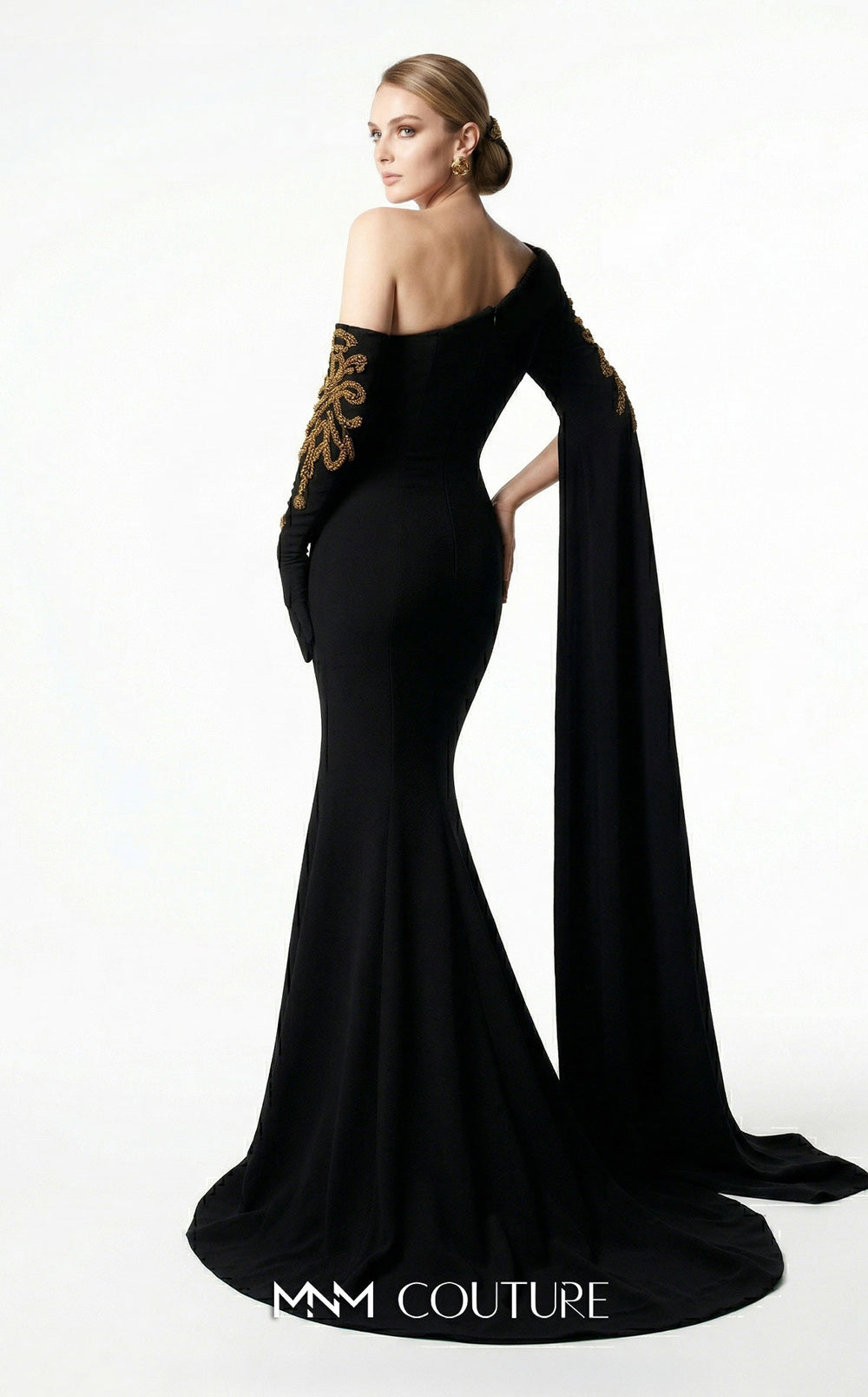 Fouad Sarkis 2606A Off-the-Shoulder Beaded Mermaid Evening Gown