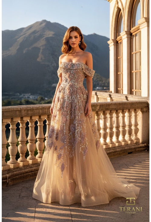 Terani 261M6435 Off-the-Shoulder Fold-Over Cuff Floral Appliqué A-Line Mother of the Bride Gown