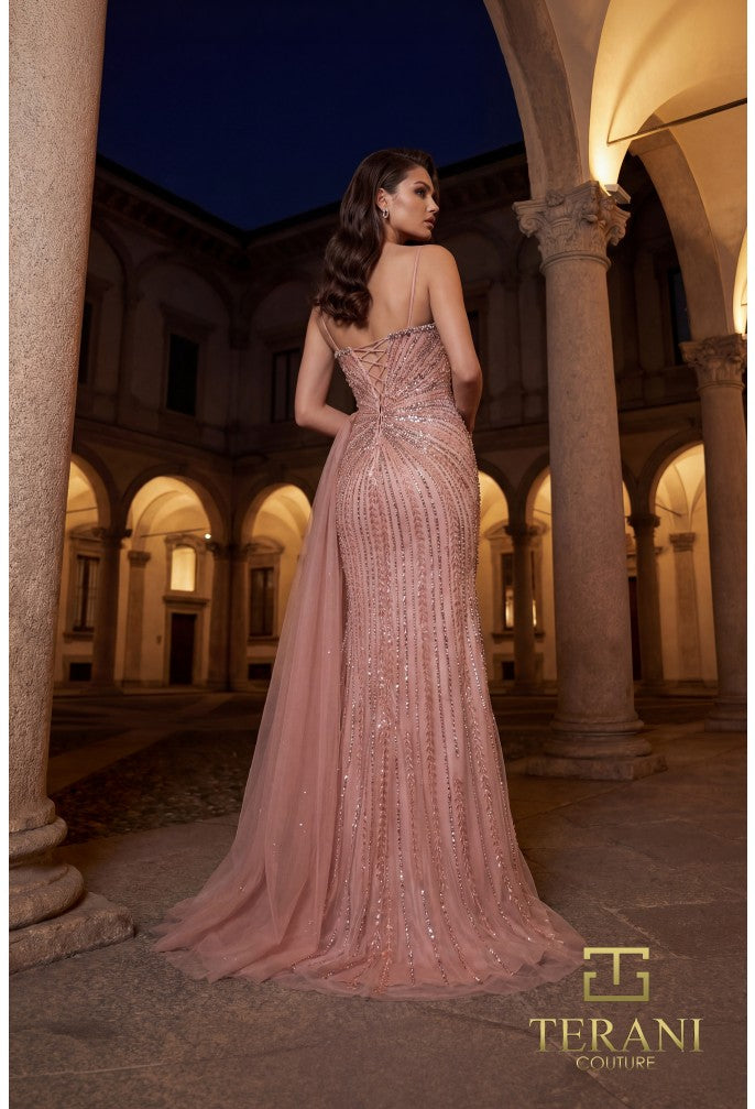Terani 262GL7515 Plunging Sweetheart Sleeveless Beaded Sheath Dress