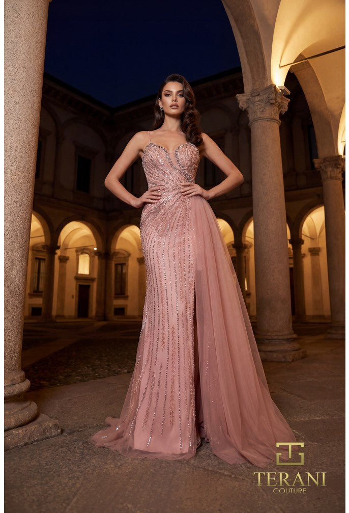 Terani 262GL7515 Plunging Sweetheart Sleeveless Beaded Sheath Dress
