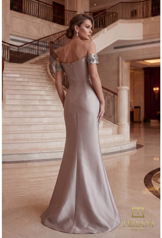 Terani 262M7254 Asymmetrical Sweetheart Off-Shoulder Cap Sleeve Corset Dress
