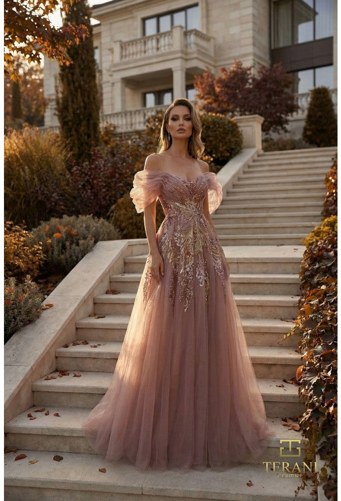 Terani 262M7322 Sweetheart Neckline Puff Sleeves Corset Bodice Dress