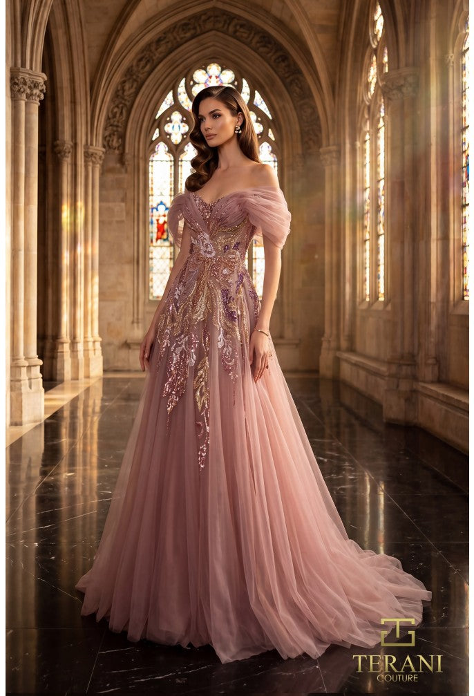 Terani 262M7322 Sweetheart Neckline Puff Sleeves Corset Bodice Dress
