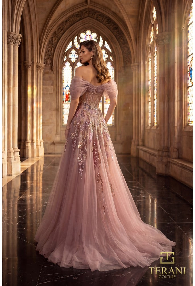 Terani 262M7322 Sweetheart Neckline Puff Sleeves Corset Bodice Dress