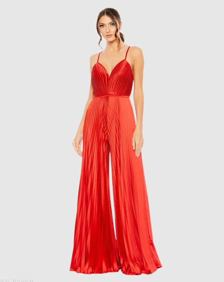 Mac Duggal 26319 Pleated Plunge Neck Wide Leg Jumpsuit