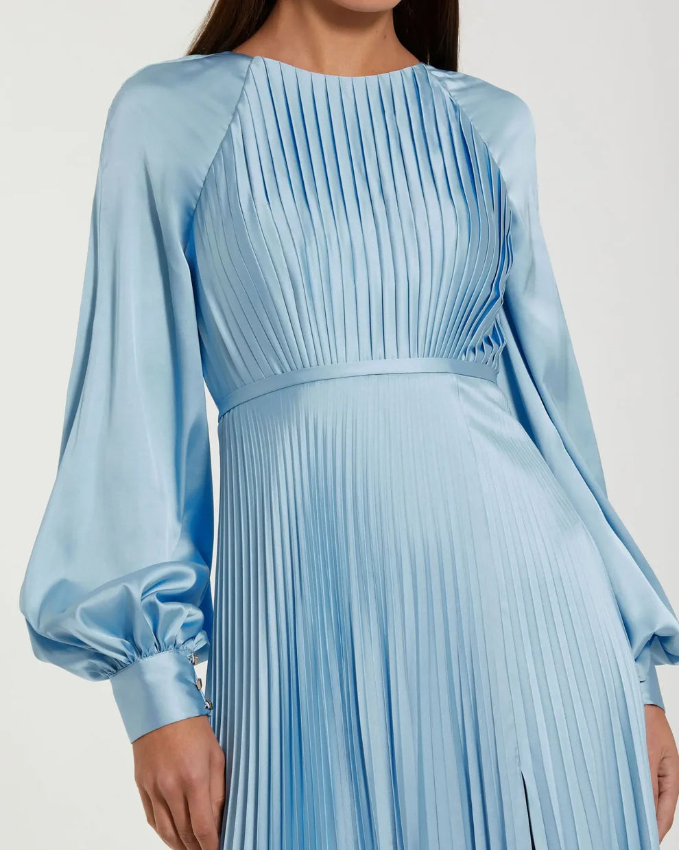 Mac Duggal 26590 Blue Pleated High Neck Long Sleeve Gown with Slit