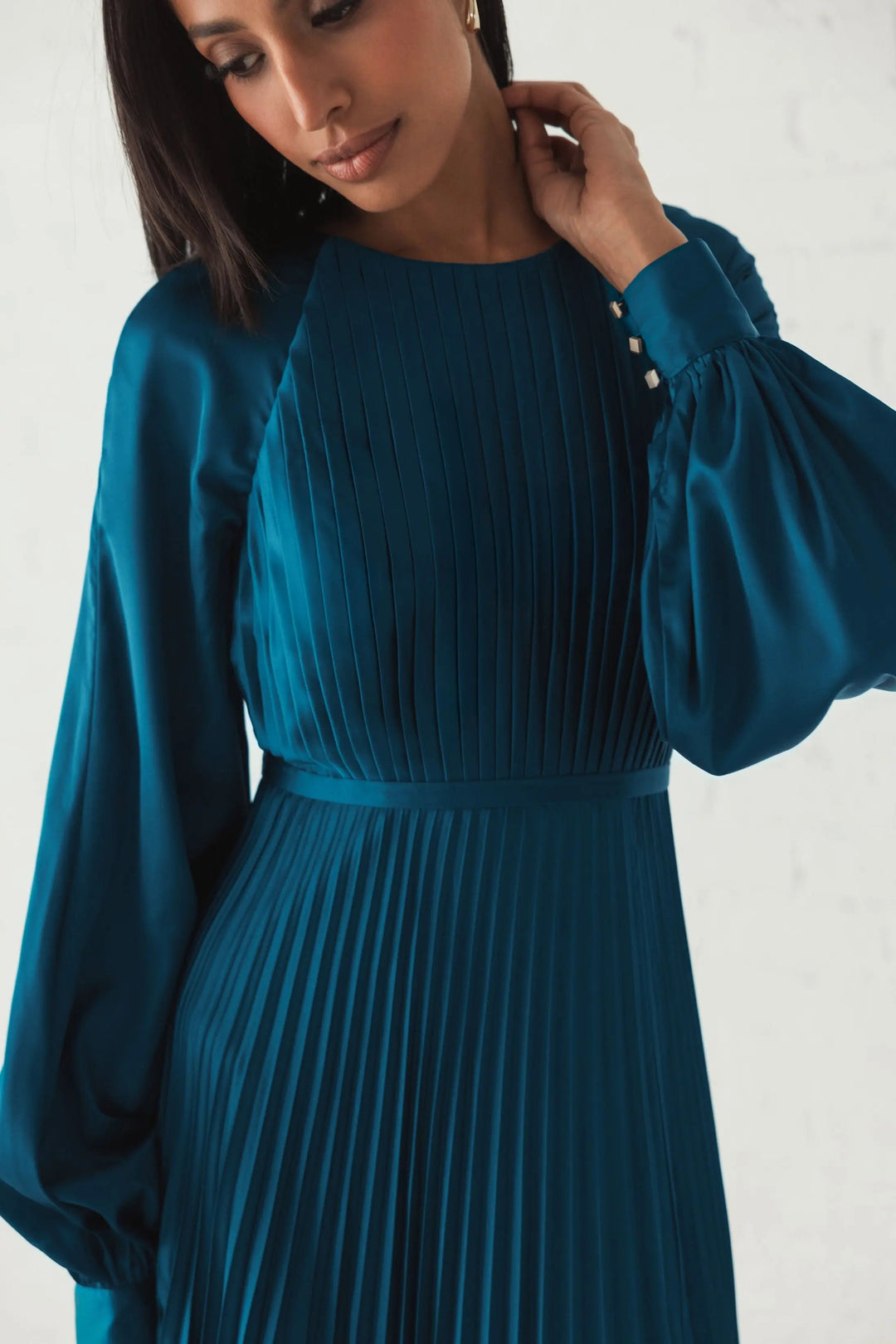 Mac Duggal 26590 Blue Pleated High Neck Long Sleeve Gown with Slit