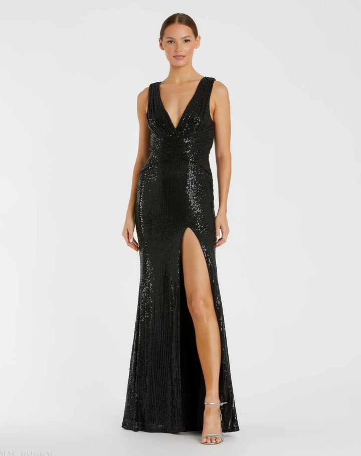 Mac Duggal 26598 V-Neck Sequin Wrap Waist Gown