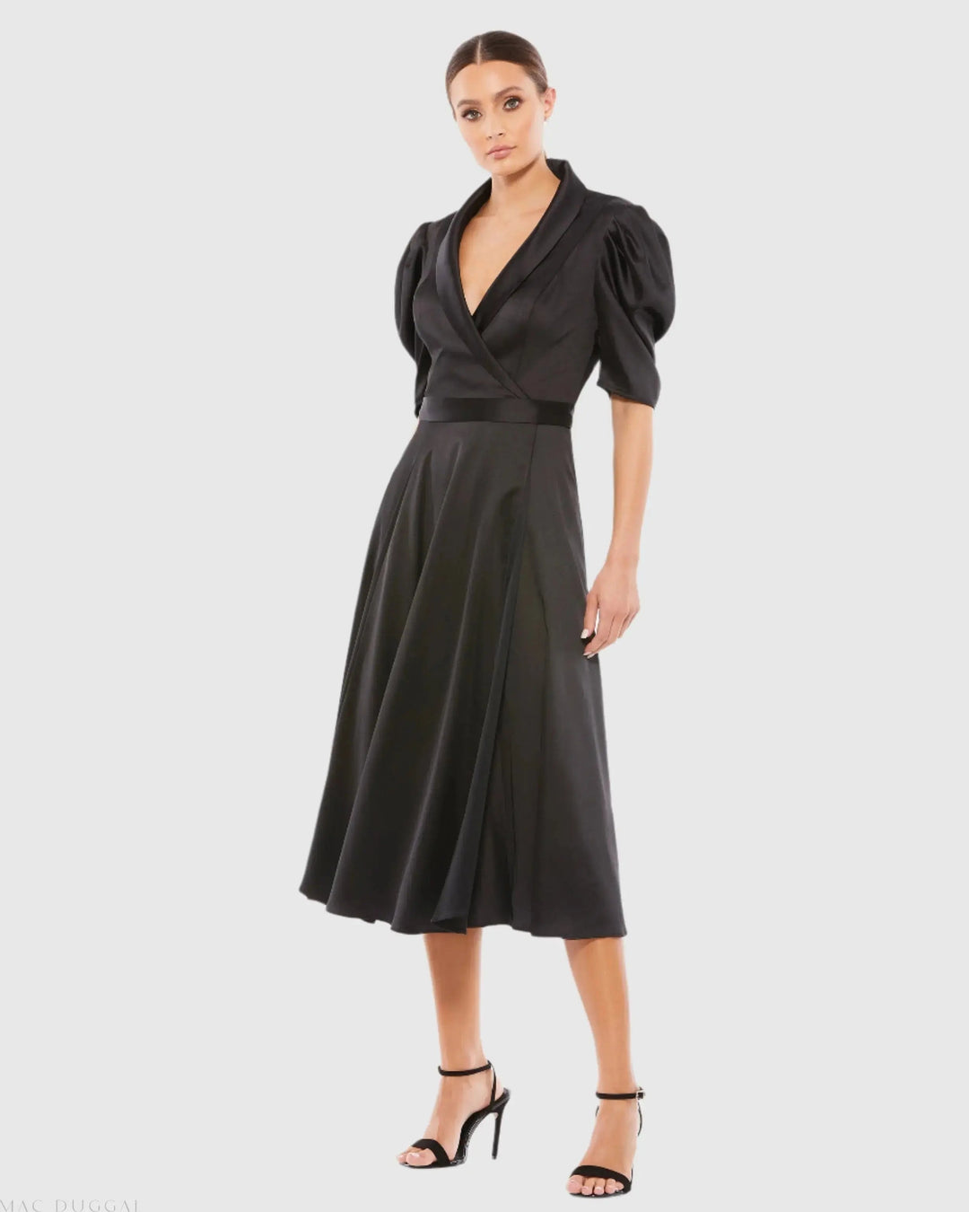 Mac Duggal 26628 Satin Lapel Puff Sleeve Tea Length Dress