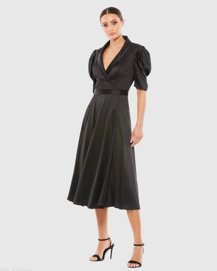 Mac Duggal 26628 Satin Lapel Puff Sleeve Tea Length Dress