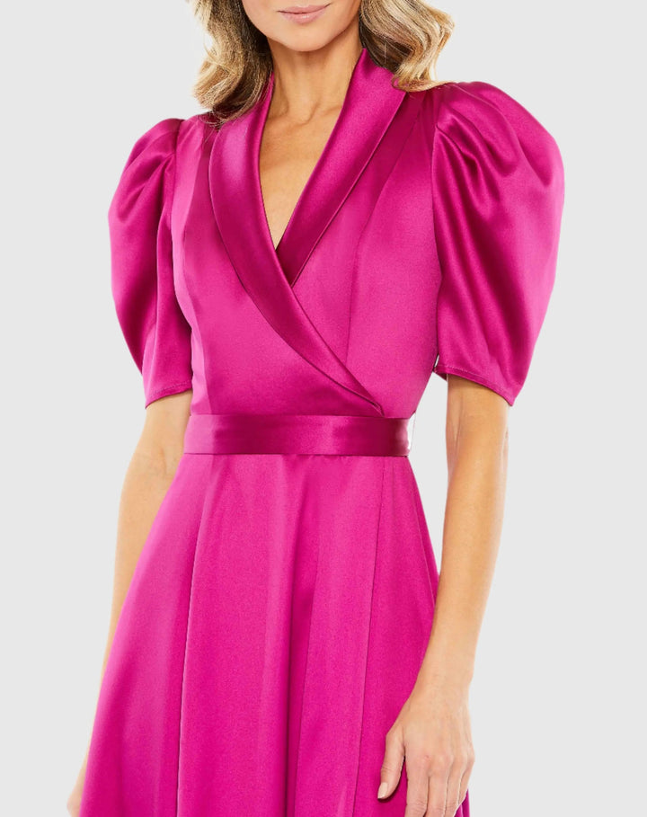 Mac Duggal 26628 Satin Lapel Puff Sleeve Tea Length Dress