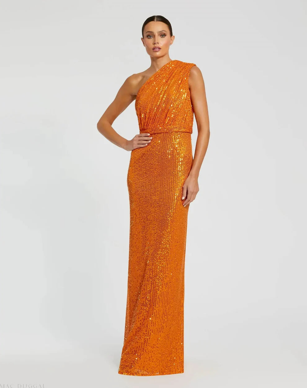 Mac Duggal 9926694P Petite Dark Green Sequined Ruched One Shoulder Gown