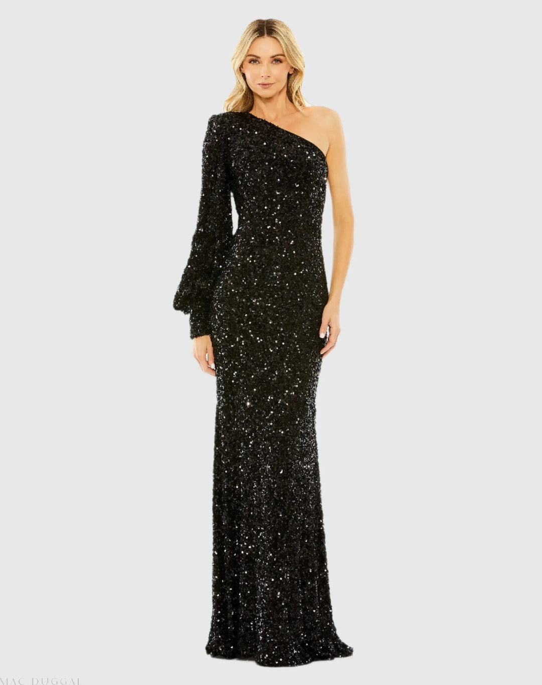 Mac Duggal 26717 Sequined One Shoulder Bishop Sleeve Trumpet Gown