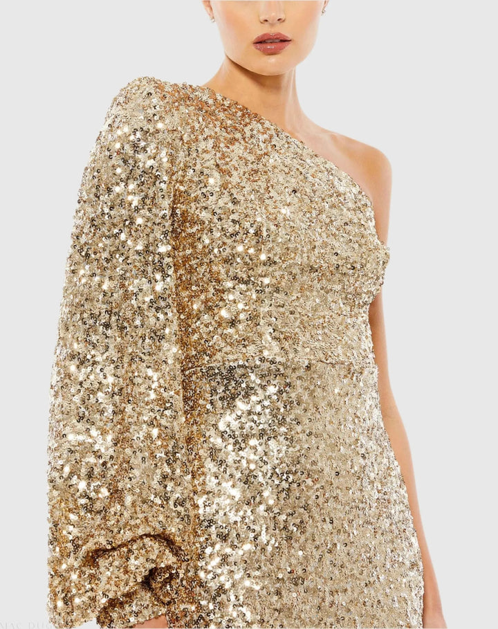 Mac Duggal 26717 Sequined One Shoulder Bishop Sleeve Trumpet Gown