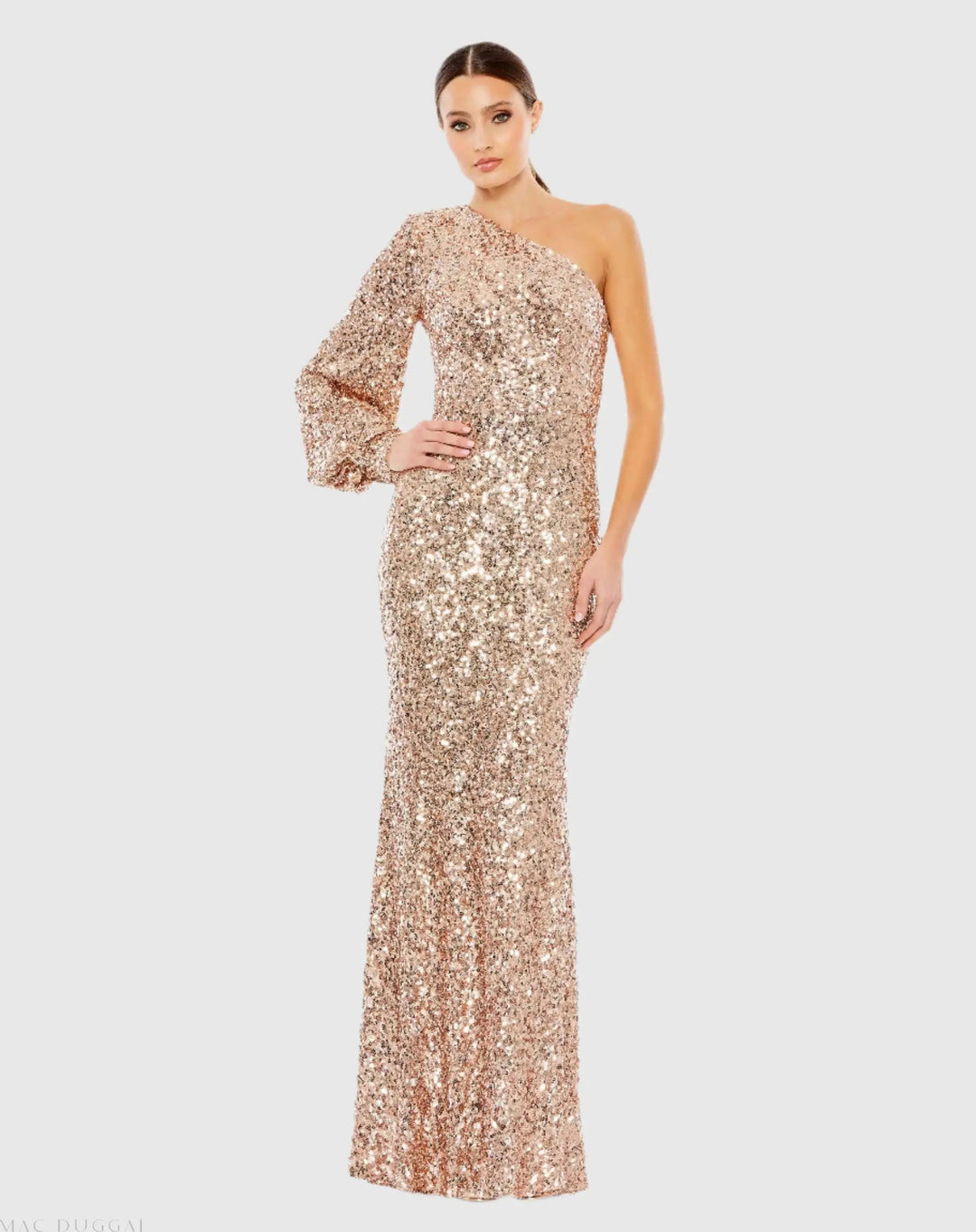 Mac Duggal 26717 Sequined One Shoulder Bishop Sleeve Trumpet Gown