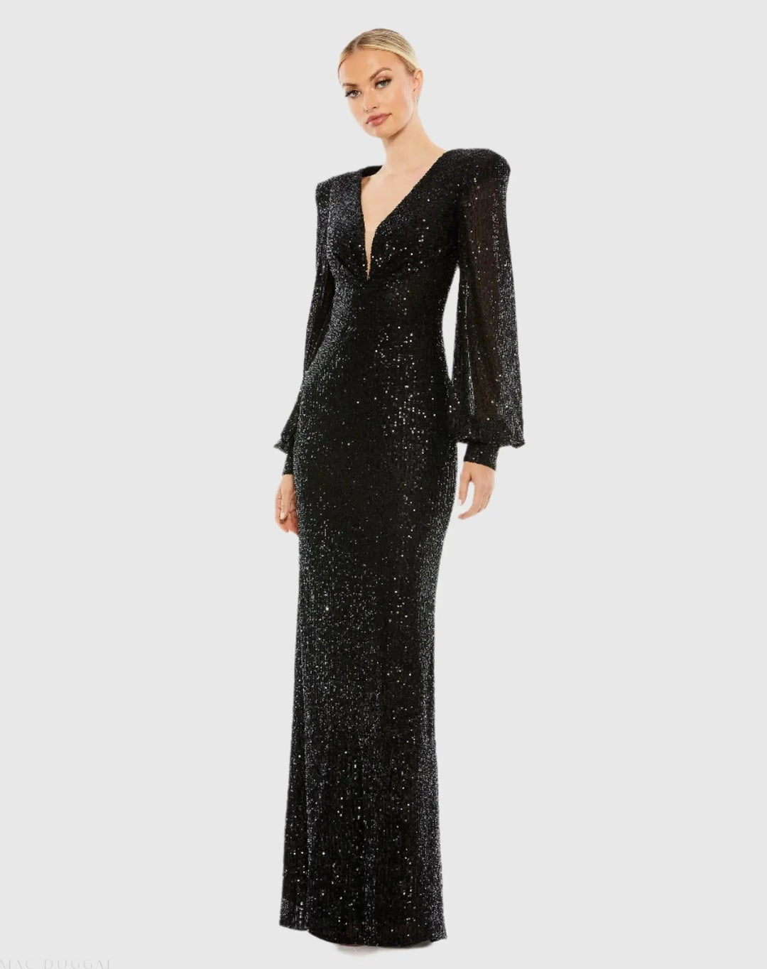 Mac Duggal 26722 Sequined Plunge Neck Structured Bishop Sleeve Gown