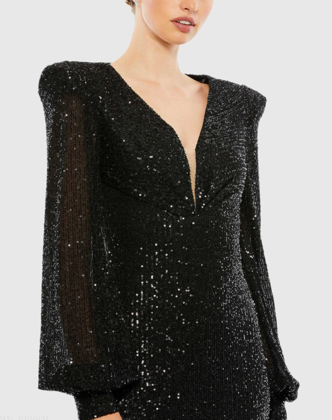 Mac Duggal 26722 Sequined Plunge Neck Structured Bishop Sleeve Gown