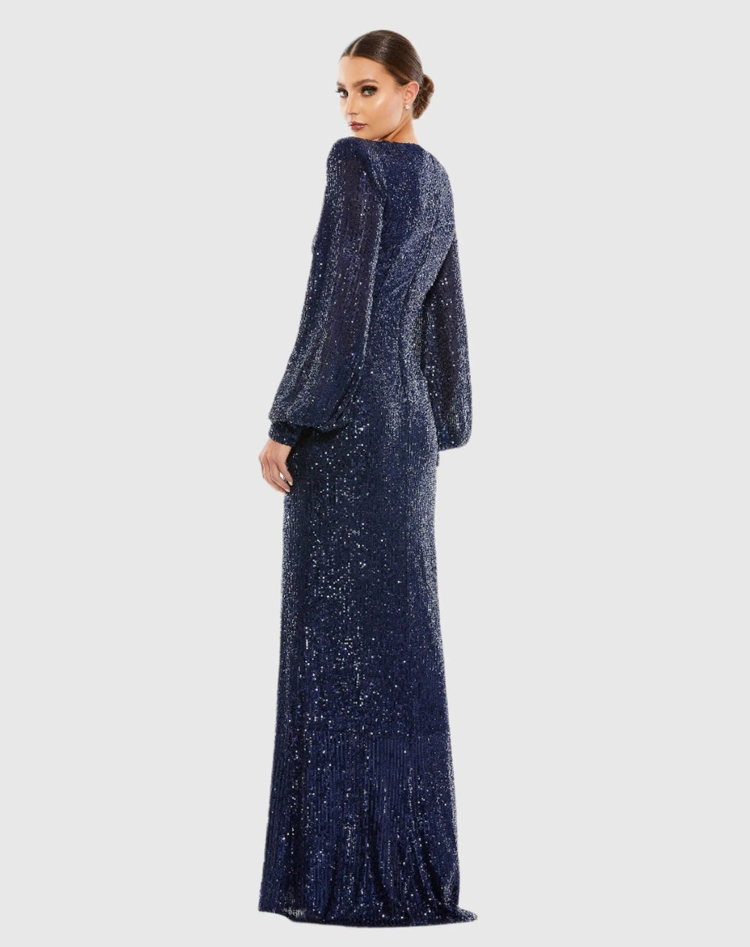 Mac Duggal 26722 Sequined Plunge Neck Structured Bishop Sleeve Gown