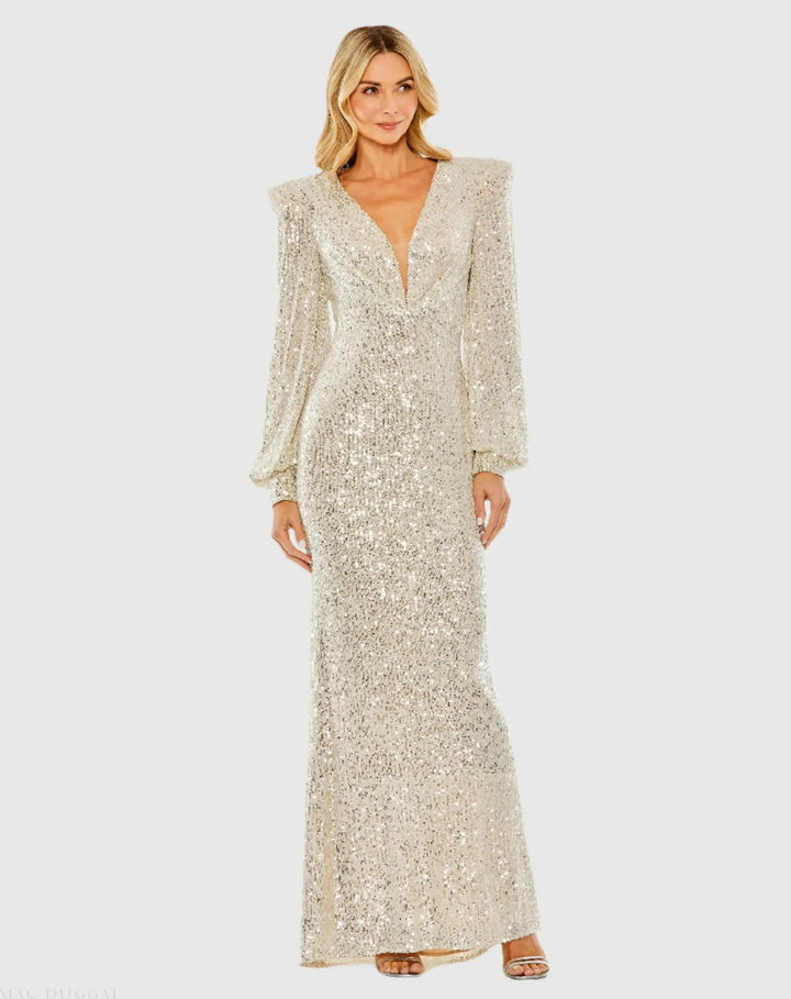 Mac Duggal 26722 Sequined Plunge Neck Structured Bishop Sleeve Gown