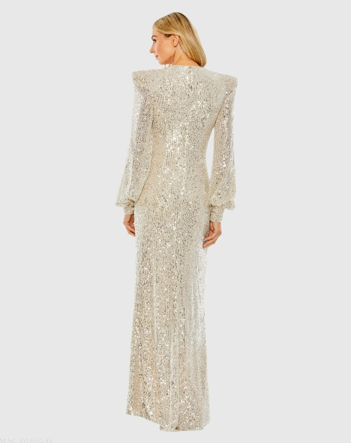 Mac Duggal 26722 Sequined Plunge Neck Structured Bishop Sleeve Gown