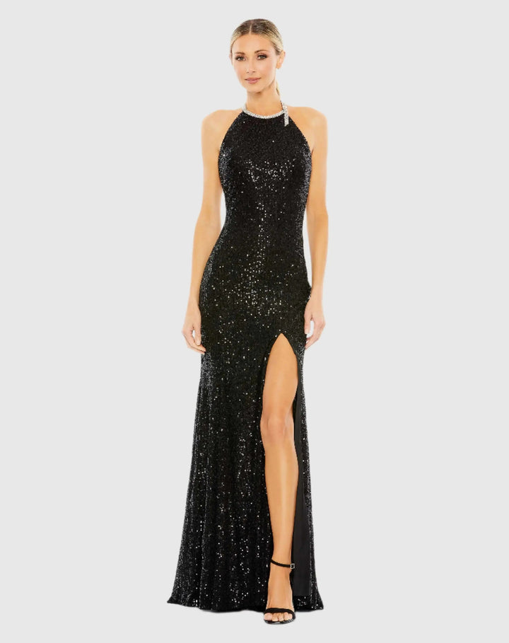 Mac Duggal 26943 Sequined High Neck Rhinestone Trim Column Gown