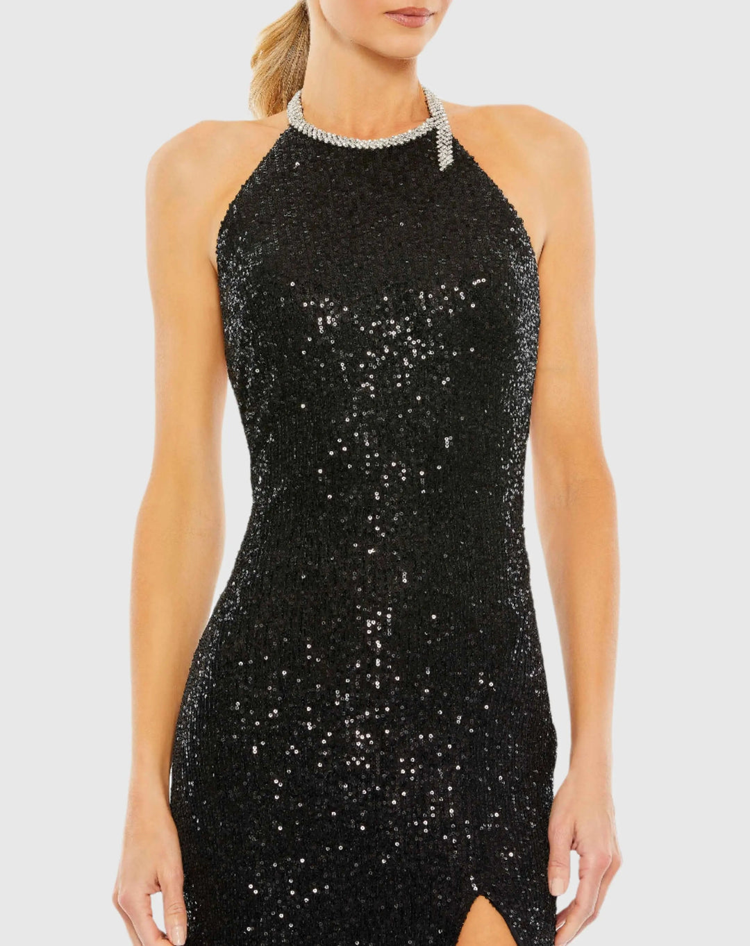 Mac Duggal 26943 Sequined High Neck Rhinestone Trim Column Gown