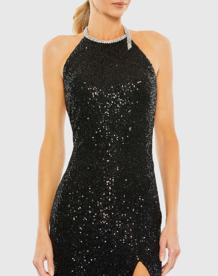 Mac Duggal 26943 Sequined High Neck Rhinestone Trim Column Gown