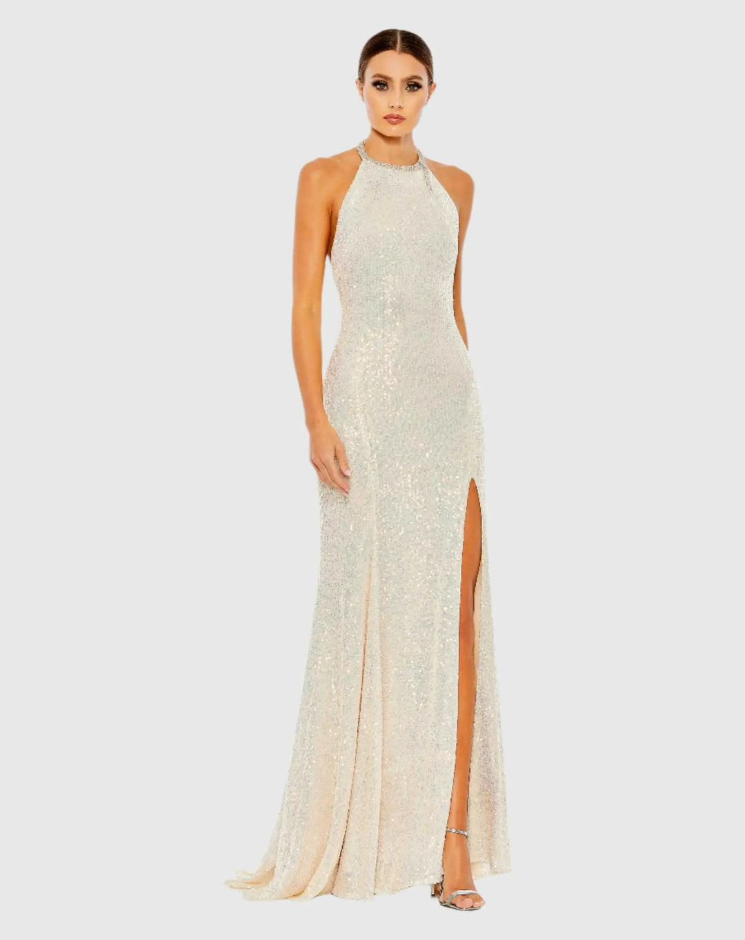 Mac Duggal 26943 Sequined High Neck Rhinestone Trim Column Gown
