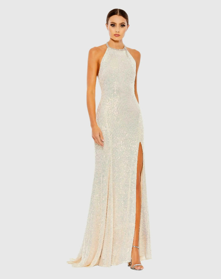 Mac Duggal 26943 Sequined High Neck Rhinestone Trim Column Gown