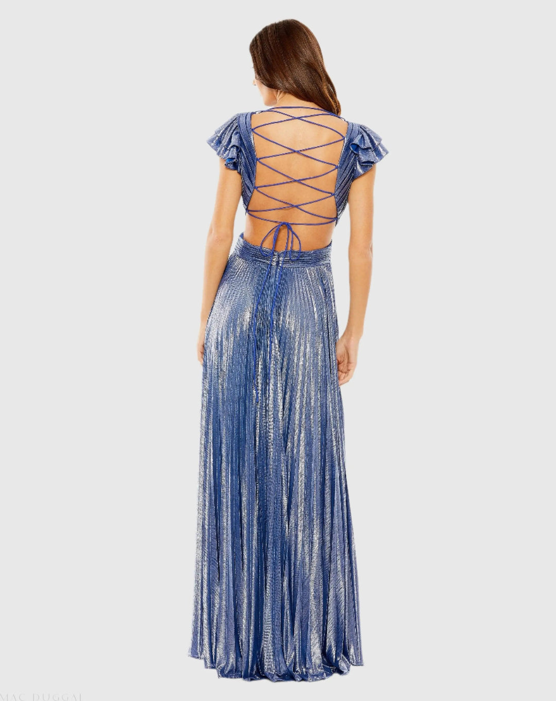 Mac Duggal 27166 Ruffle Sleeve Cutout Pleated Metallic Gown