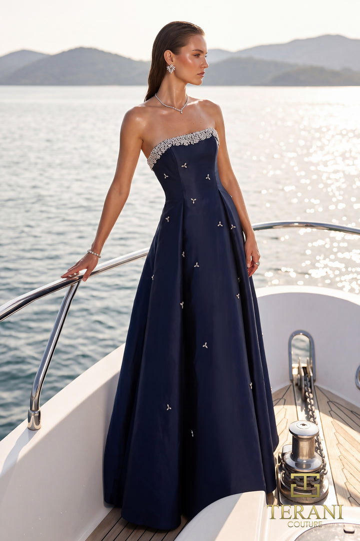 Terani 271E8077 strapless beaded scallop box pleat ball gown evening dress front view