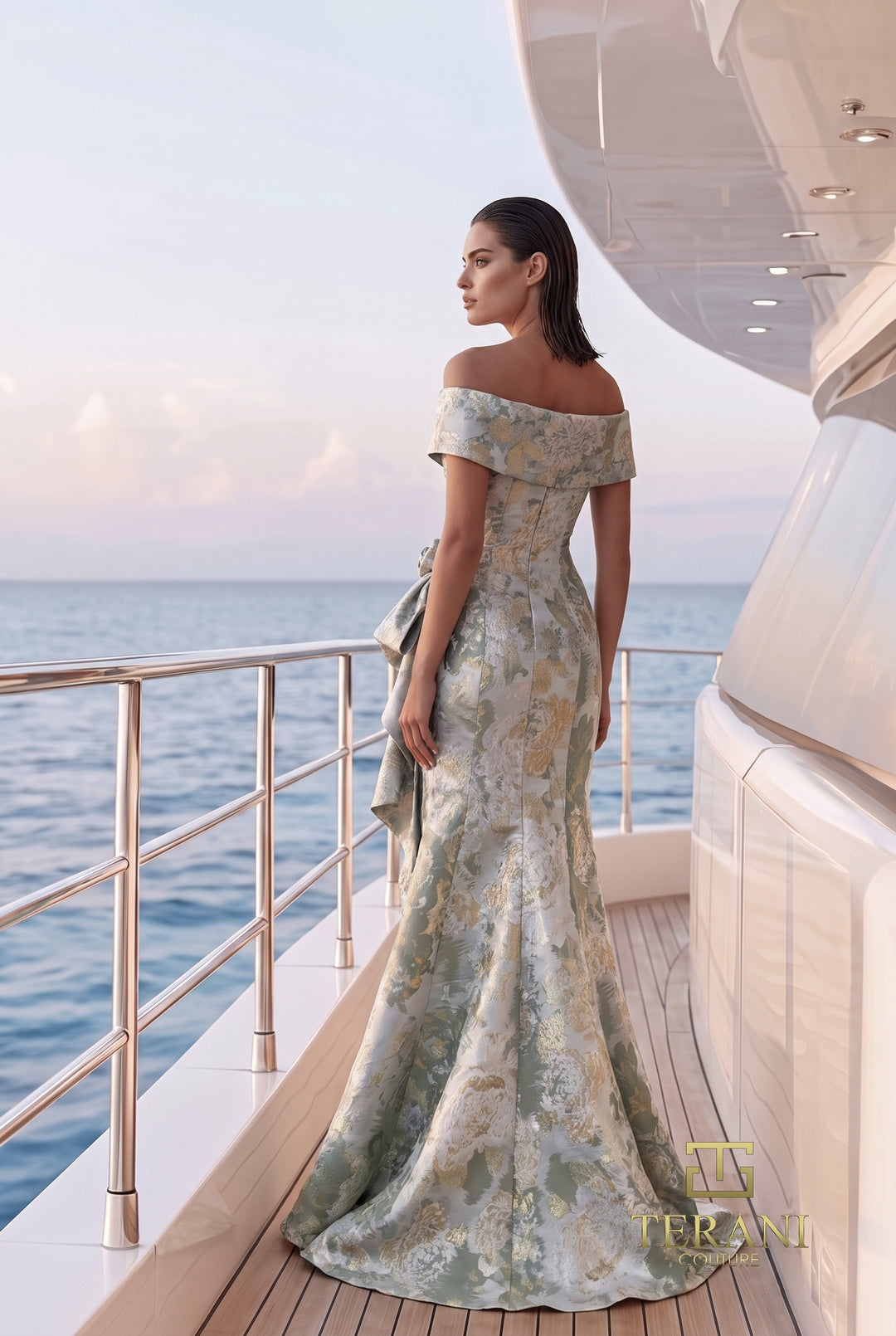 Terani 271M8440 off-the-shoulder portrait band rosette knot trumpet gown three-quarter front view