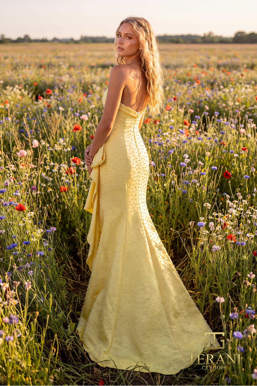 Terani 271P8055 strapless beaded draped hip panel mermaid prom dress back view
