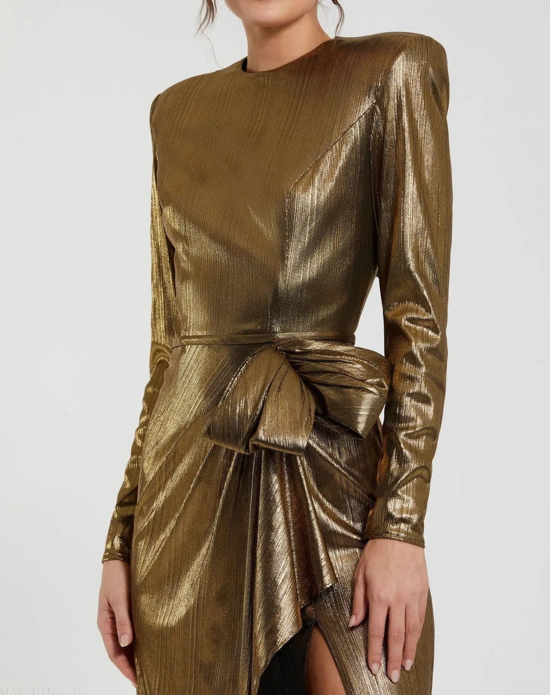 Mac Duggal 9927206P Gold Metallic Long Sleeve Gown With Bow