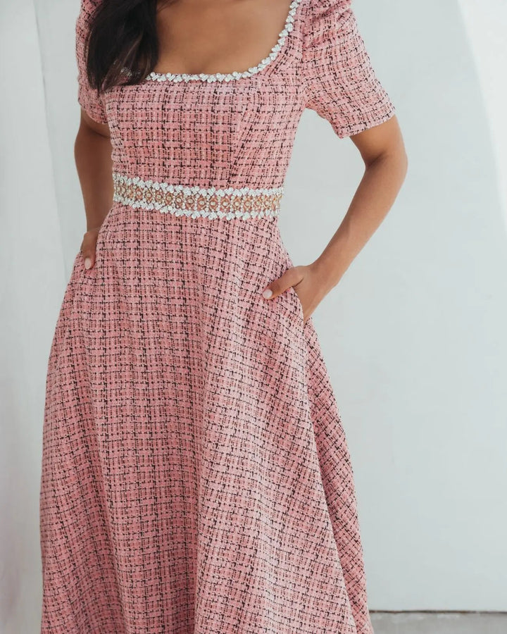 Mac Duggal 27687 Puff Sleeve Boucle Midi Dress With Beaded Belt