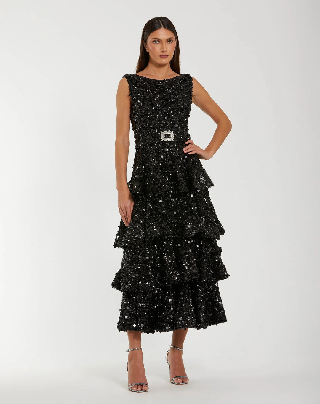 Mac Duggal 27733 Sequin Ruffle Midi Dress with Belt